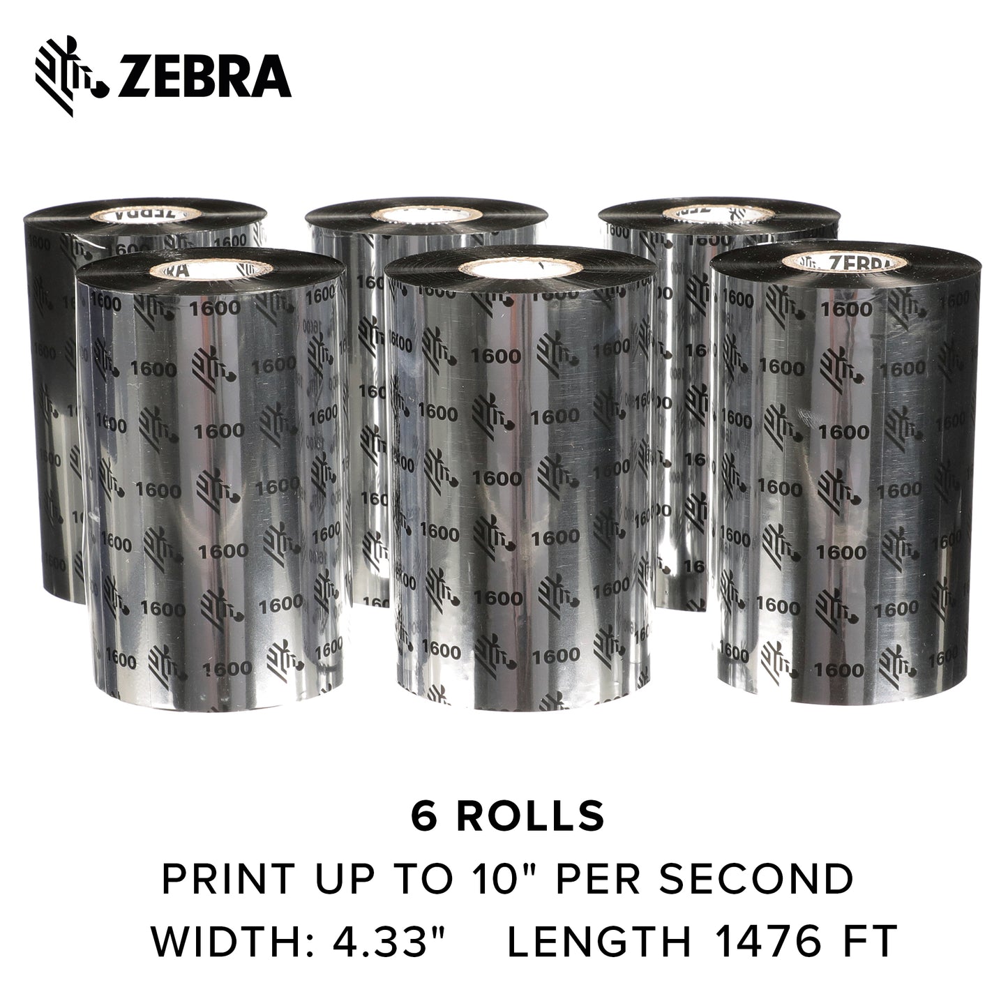 Zebra Standard Black Wax Ribbon for Industrial Thermal Transfer Printers 4.33 in Wide 1476 ft Long 1 in Core 6 Rolls 10031729SP
