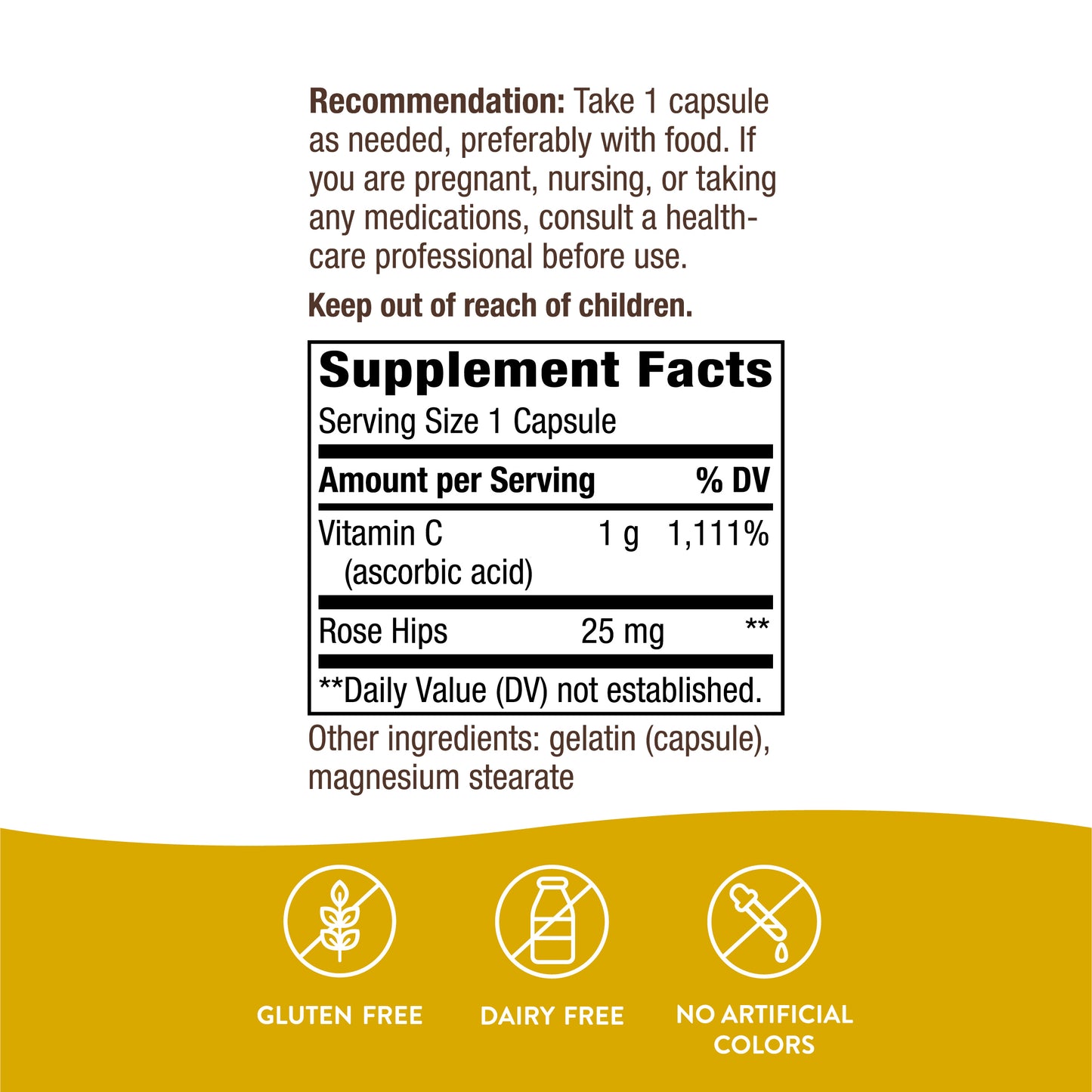 Vitamin C with Rose Hips; 1000 mg Vitamin C per Serving; 250 Capsules