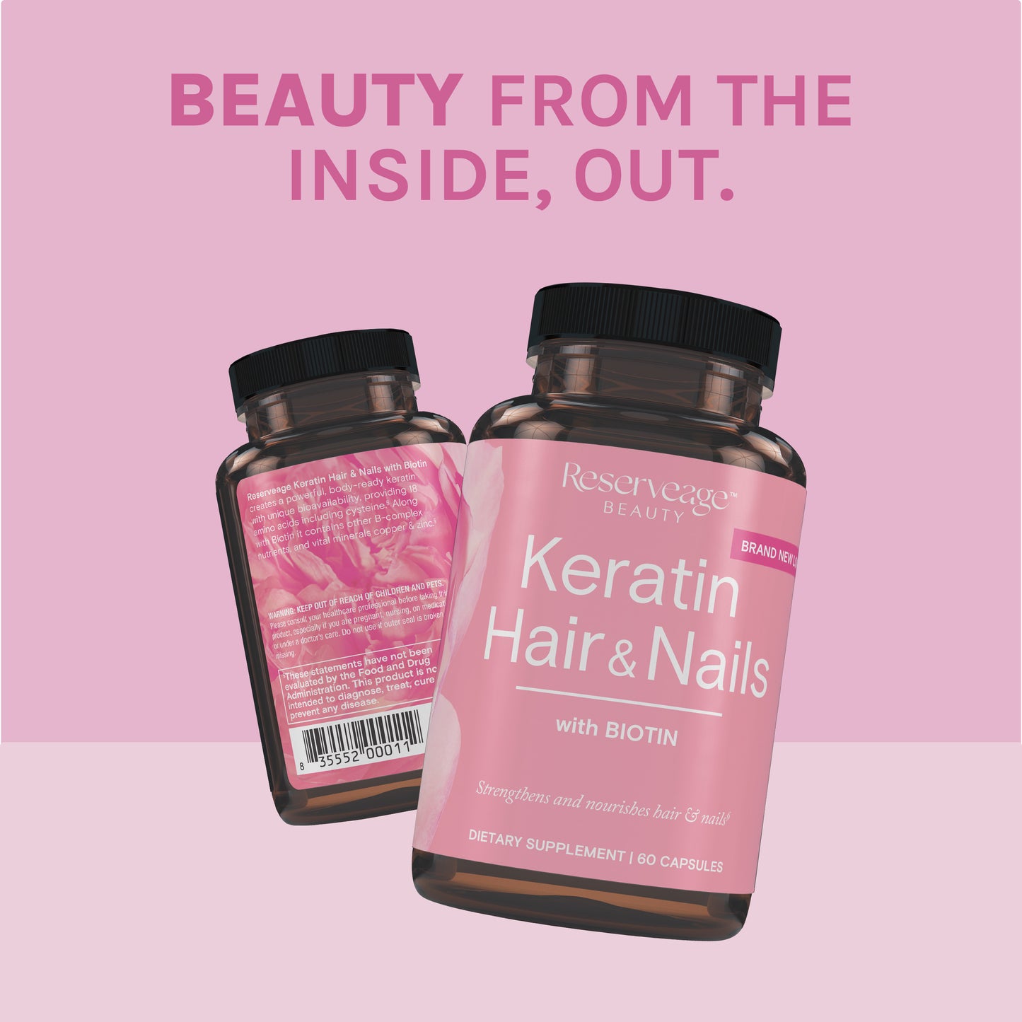 Reserveage Beauty, Keratin Hair Booster with Biotin, Hair and Nail Growth Supplement for Men and Women, Supports Healthy Thickness and Shine with Biotin, 60 Capsules (30 Servings)