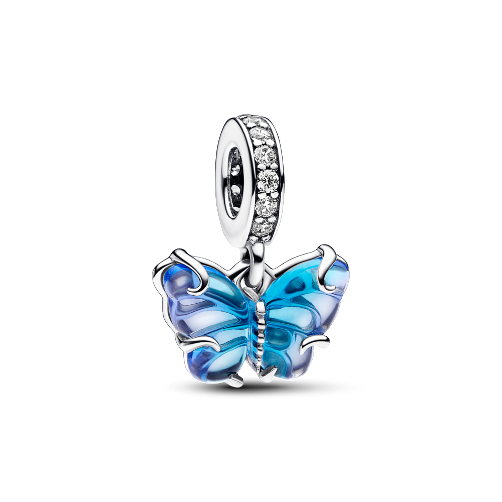 Pandora Butterfly sterling silver dangle with blue murano glass