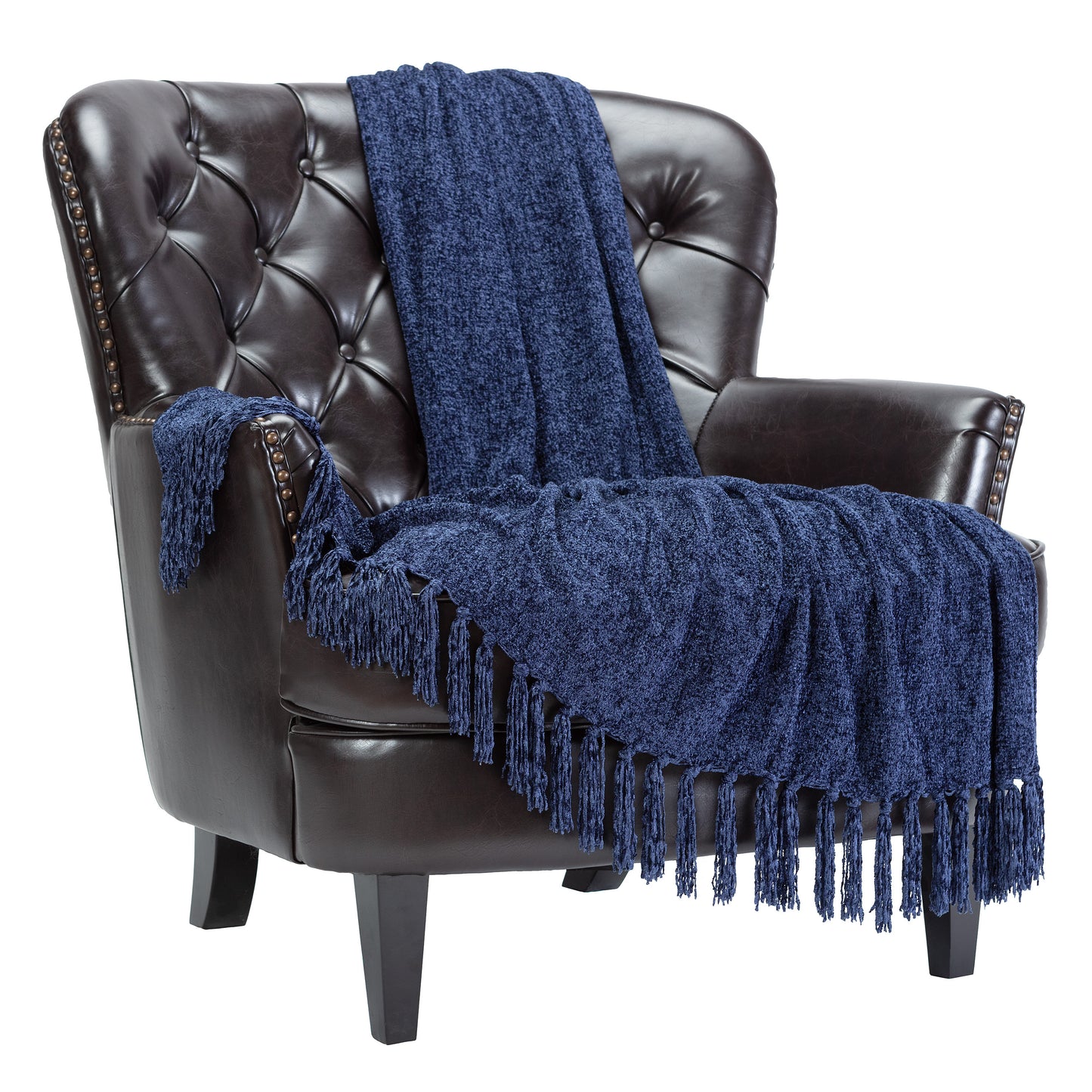 Chanasya Chenille Velvety Texture Decorative Throw Blanket with Tassels - Soft Cozy Elegant with Subtle Shimmer for Sofa Chair Couch Bed Living Room Dark Blue Throw Blanket (50x65 Inches) Sargasso