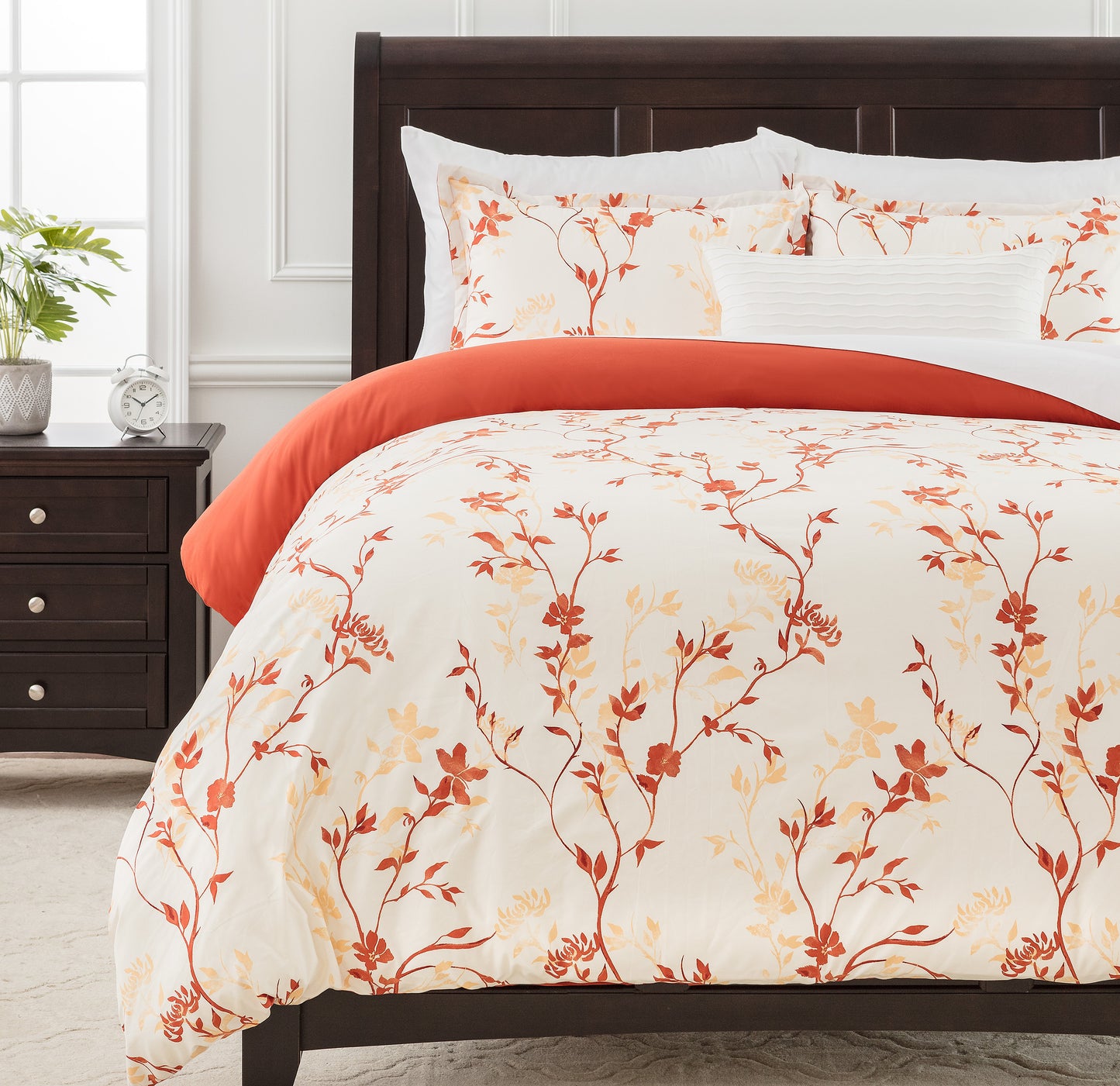 Chanasya Rust Orange Floral Duvet Comforter Cover Bedding Set Queen Size - Floral Print 3-Piece Set Lightweight Elegant Aesthetic Microfiber Bedcover - Soft Machine Wash Breathable Stain Resistant
