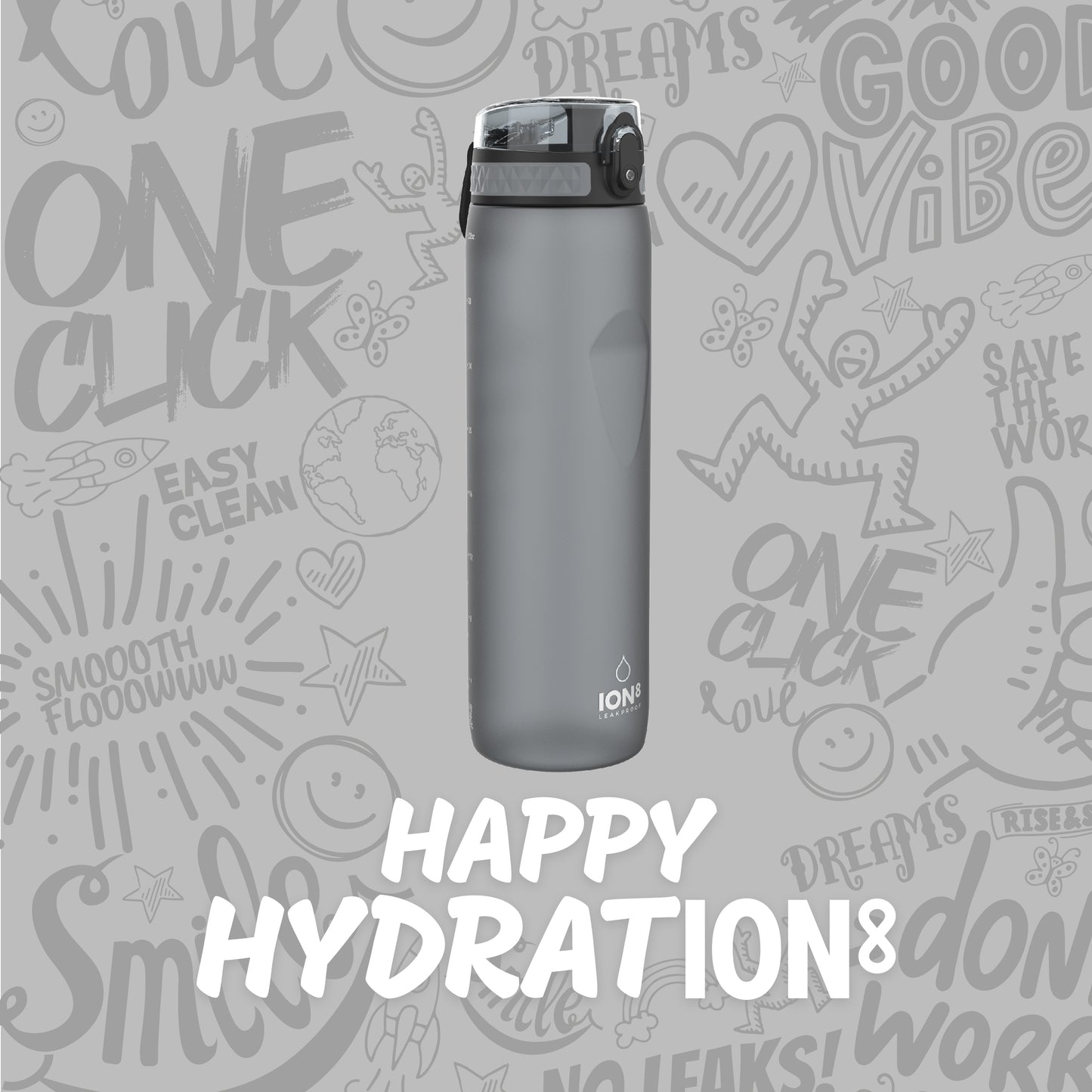 Ion8 Sport/Bike Water Bottle - Leakproof and BPA-free Water Bottle - Fits in Lunch Boxes, Handbags, Car Cup Holders, Backpacks, 34 oz/1000 ml (Pack of 1) - OneTouch 1.0 - Gray