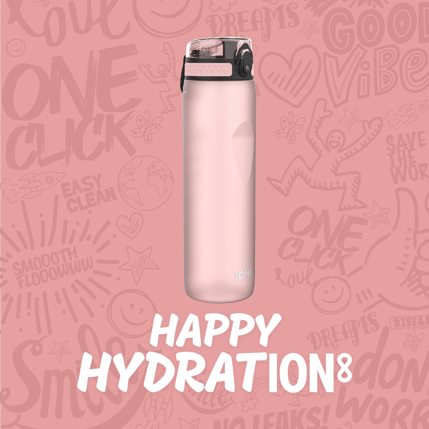 Ion8 Sport/Bike Water Bottle - Leakproof and BPA-free Water Bottle - Fits in Lunch Boxes, Handbags, Car Cup Holders, Backpacks, 34 oz/1000 ml (Pack of 1) - OneTouch 1.0 - Rose Quartz