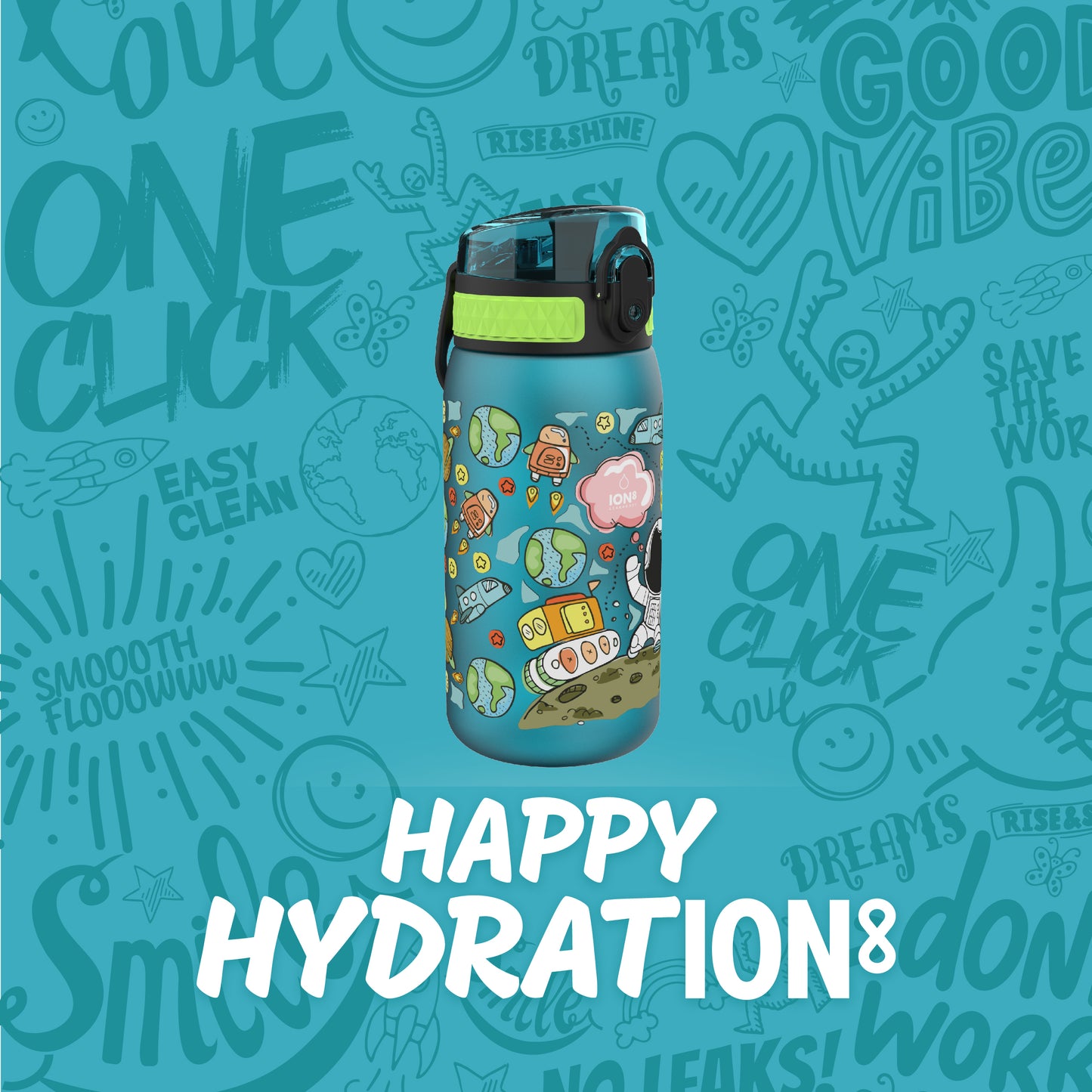 Ion8 Kid's One Touch On-The-Go Printed Water Bottle - Leakproof and BPA-Free Water Bottle - Fits Car Cup Holders and Kid's Backpacks 12 oz / 350 ml - Space