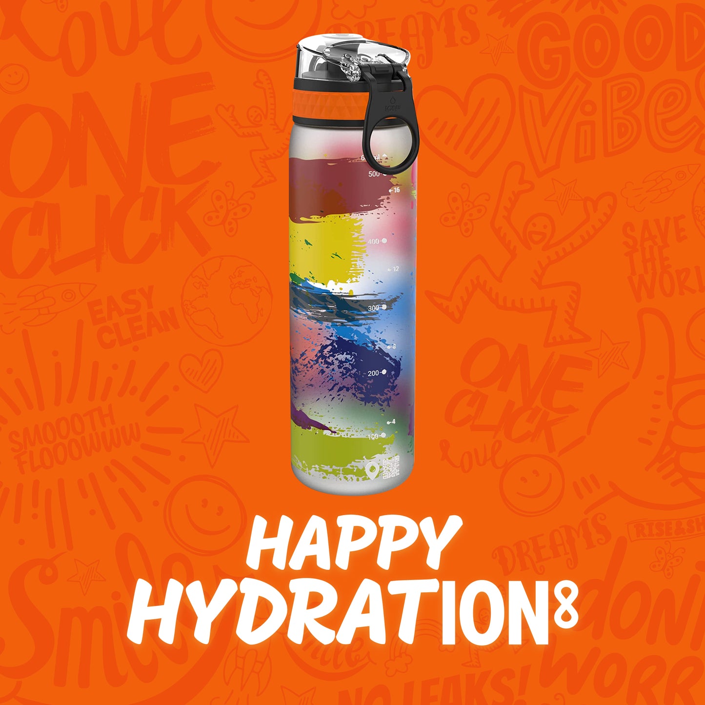 Ion8 Kid's One Touch On-The-Go Printed Water Bottle - Leakproof and BPA-Free Water Bottle - Fits Car Cup Holders and Kid's Backpacks 18 oz / 500 ml - Paint Splat