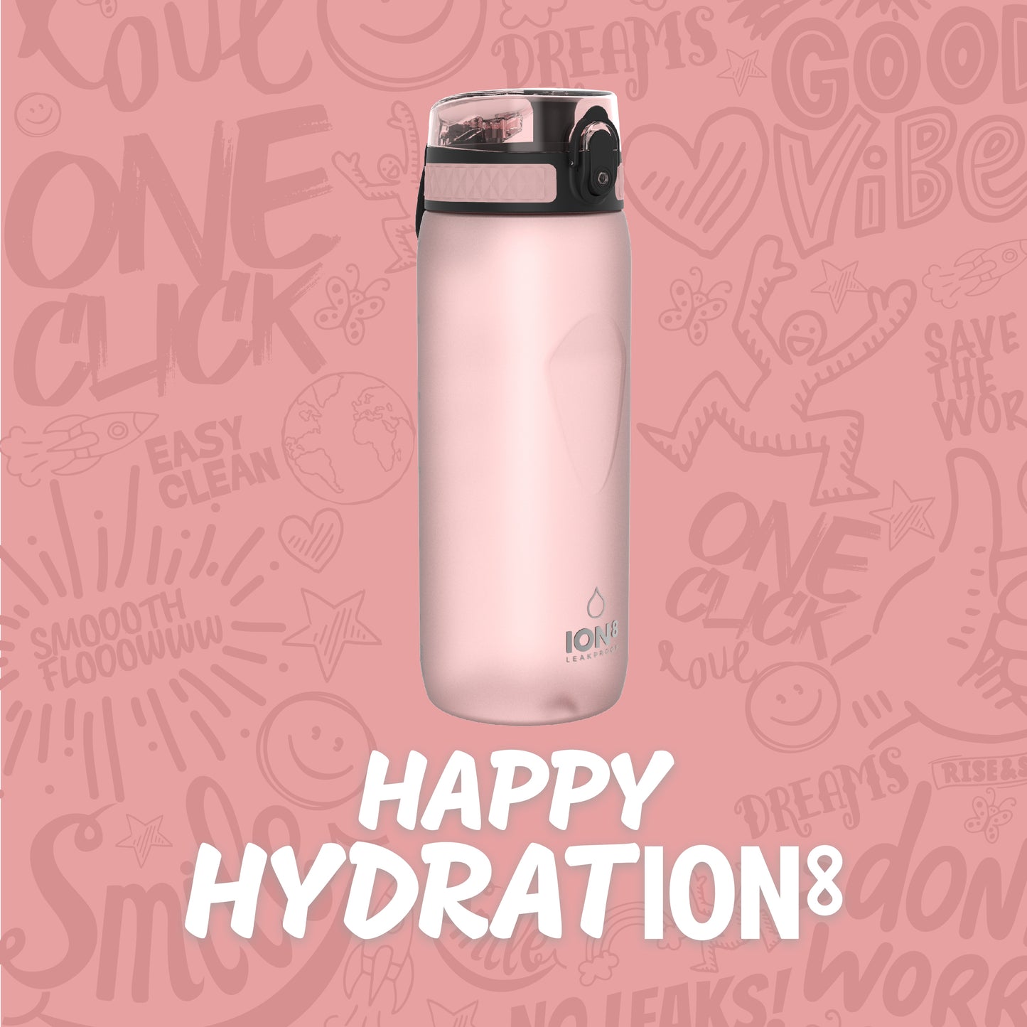 Ion8 Sport/Bike Water Bottle - Leakproof and BPA-free Water Bottle - Fits in Lunch Boxes, Handbags, Cup Holders, Backpacks and Bike Holders, 25 oz/750 ml (Pack of 1) - OneTouch 1.0 - Rose Quartz
