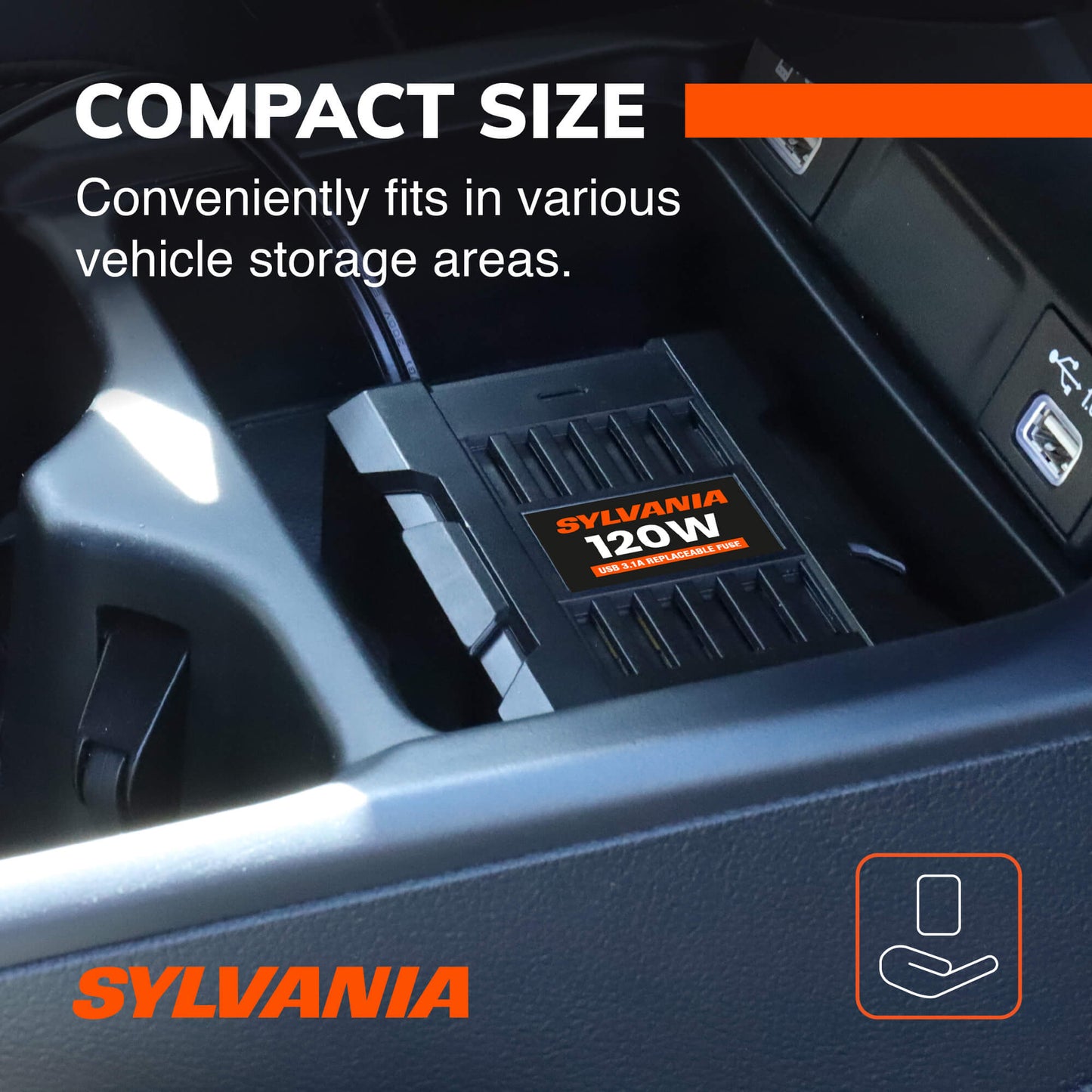 SYLVANIA - 120W Continuous / 240W Peak Power Inverter | DC 12V to 110V AC Power Car / RV Converter, 2 USB Ports 5V DC 3.1A Shared, Power / Fault LED Indicator, 12V Plug with Replaceable Fuse