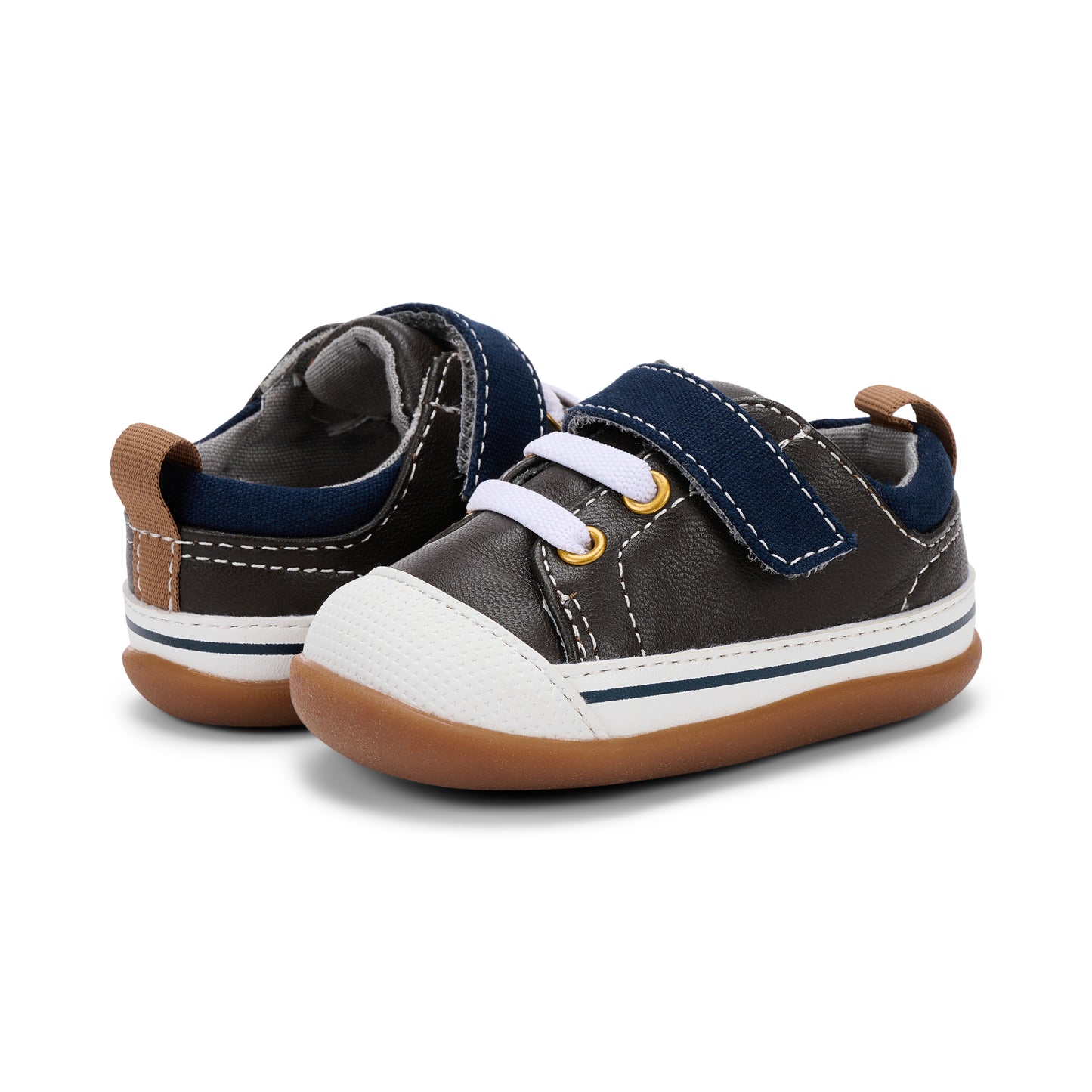 See Kai Run - Stevie II Sneaker for Little Kids, Brown Leather/Blue, Infant 5