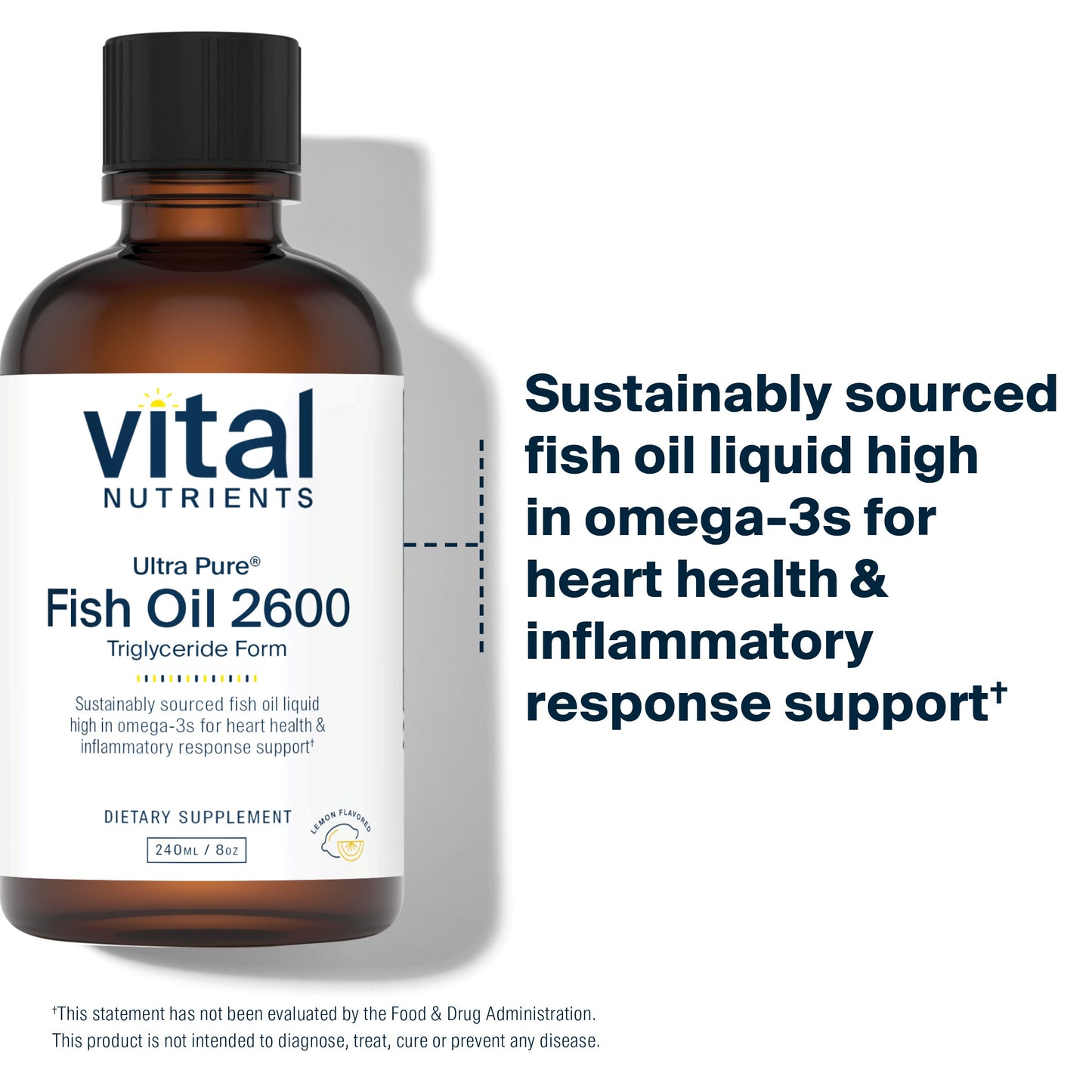 Vital Nutrients - Ultra Pure Fish Oil 2600 (Pharmaceutical Grade) - Hi-Potency Deep Sea Liquid Fish Oil, Cardiovascular Support, Natural Lemon Flavor - 8 Fl Oz per Bottle