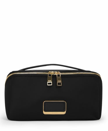 TUMI - Voyageur Dallas Cosmetic Bag - Lay-Flat Travel Makeup Organizer - Packable Travel Kit - Black with Gold Hardware