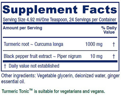 Vitanica Turmeric Tonic, Non-GMO Liquid Turmeric Curcumin Supplement 1000 mg, with Black Pepper and Ginger, Antioxidant, Vegan, Gluten Free, 4 Ounce