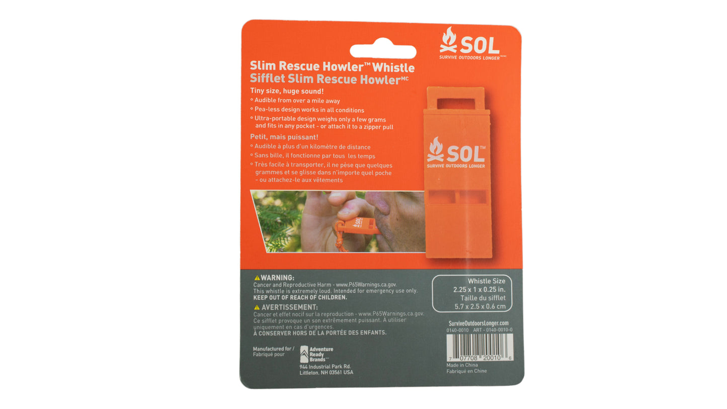 S.O.L. Survive Outdoors Longer S.O.L. Slim Rescue Howler Whistle, 2ct (Pack of 3)