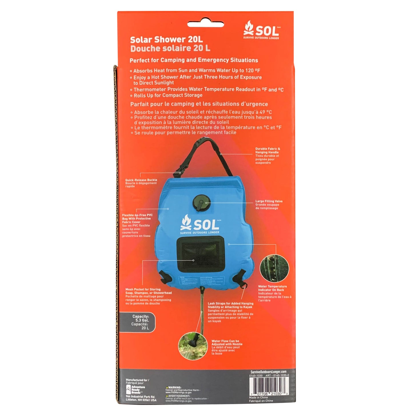 S.O.L. Survive Outdoors Longer SOL Camping Shower Solar Shower 20L