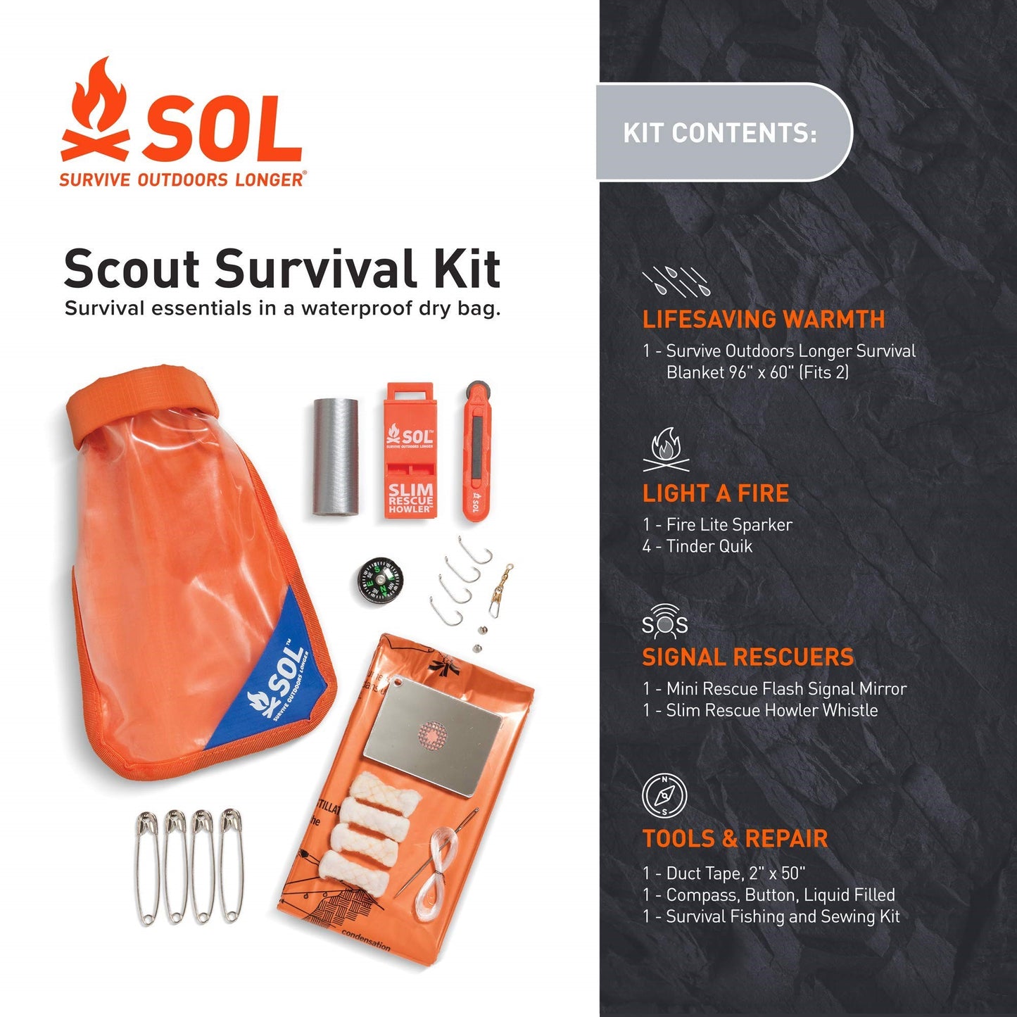 Survive Outdoors Longer Waterproof Bag Scout Survival Kit