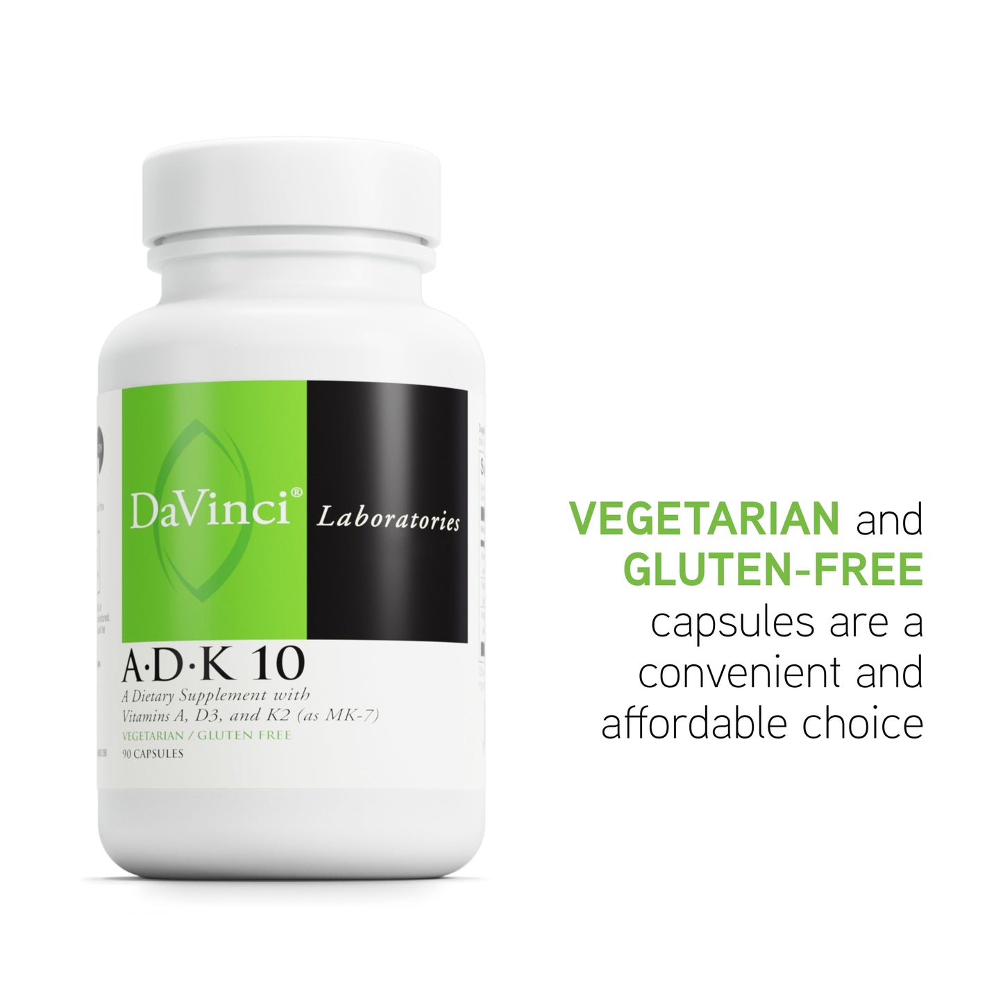 DaVinci Labs ADK 10 - Helps Support Bone, Heart & Immune Health* - Dietary Supplement with Vitamins A, D3 & K2 (as MK-7) - Vegetarian, Gluten Free & Soy Free - 90 Capsules