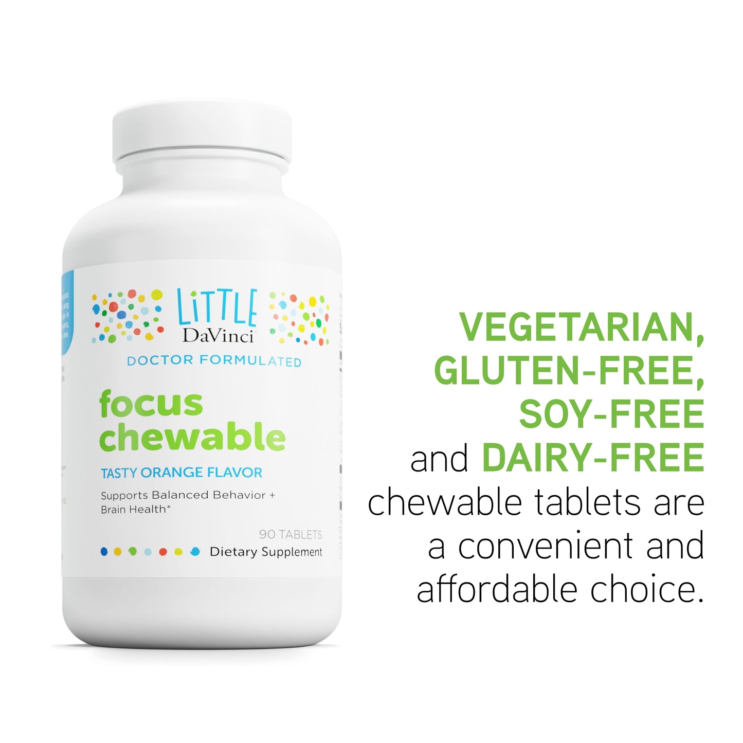 DaVinci Labs Focus Chewable - Supplement to Support Behavior, Brain Health, and Immune Health for Kids* - With Vitamin B6, Folate, Vitamin B12, and More - Orange Flavor -Sugar-Free - 90 Tablets