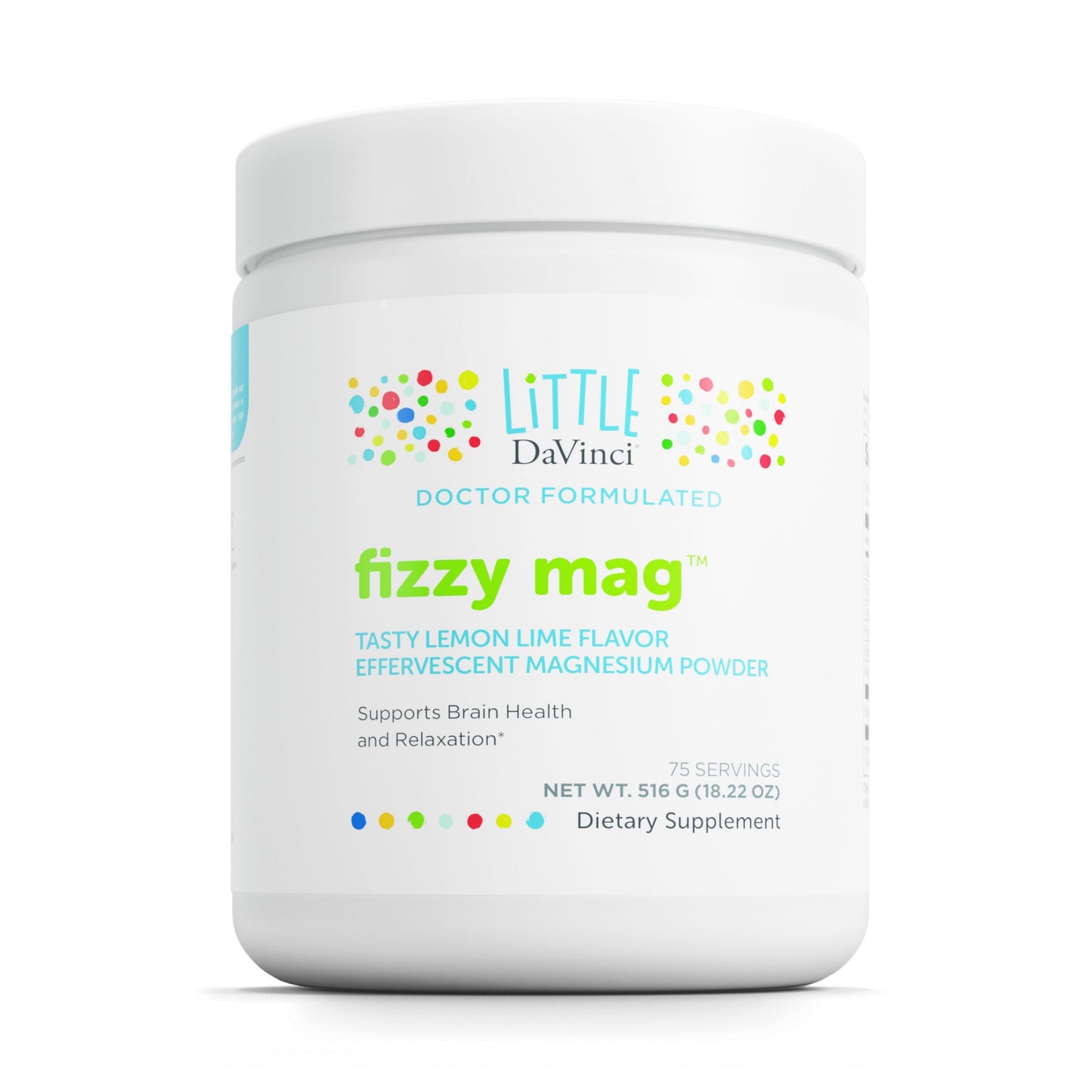 Little DaVinci Fizzy Mag - Effervescent Magnesium Supplement for Kids to Support Brain Health, Relaxation and Behavior* - With Calcium, Riboflavin, and More - Lemon Lime Flavor - 516 g, 75 Servings