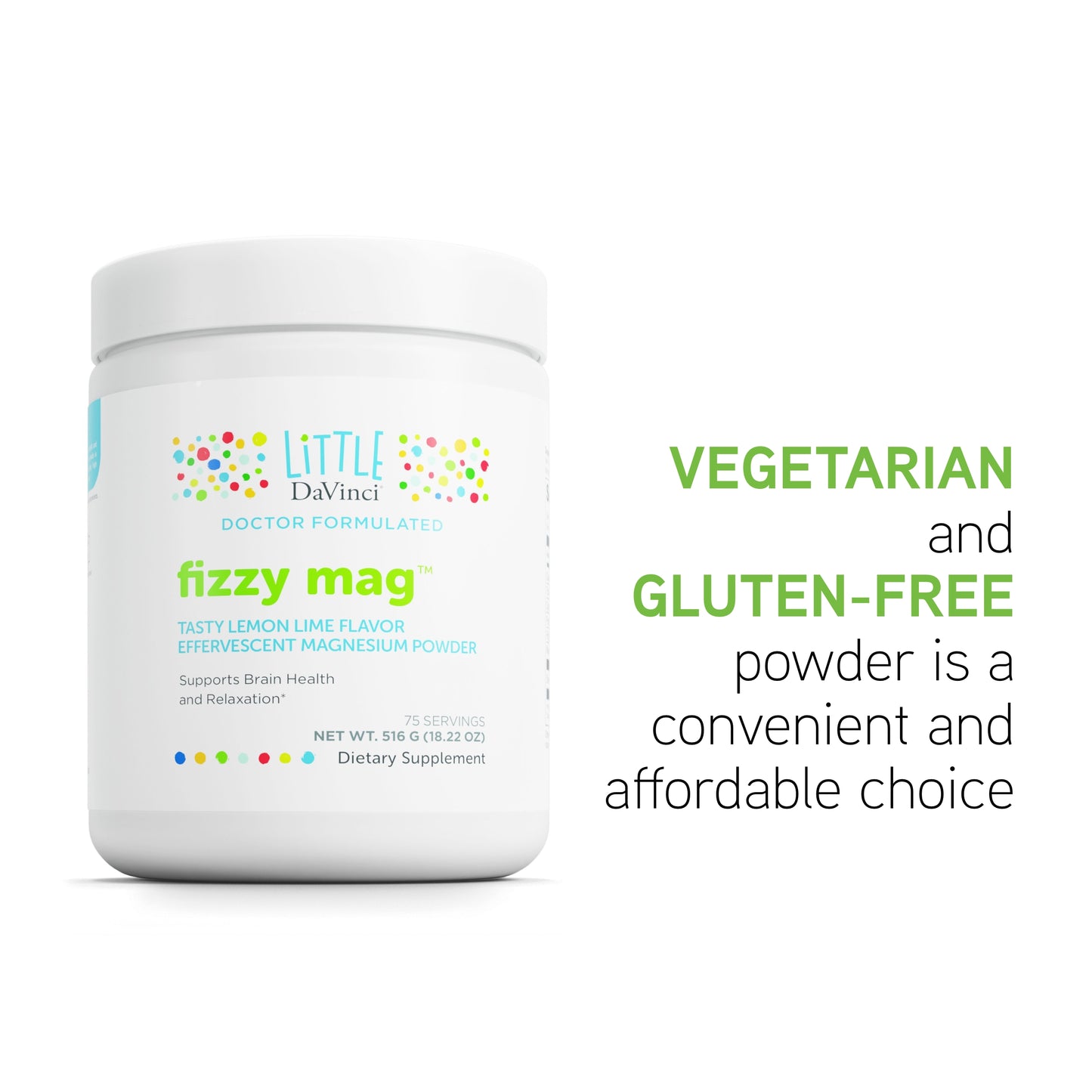 Little DaVinci Fizzy Mag - Effervescent Magnesium Supplement for Kids to Support Brain Health, Relaxation and Behavior* - With Calcium, Riboflavin, and More - Lemon Lime Flavor - 516 g, 75 Servings