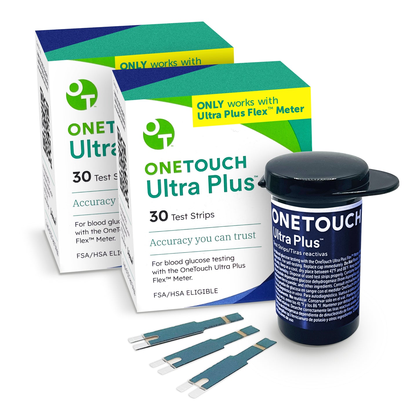 OneTouch Ultra Plus Flex Test Strips for Diabetes - Diabetic Test Strips for Blood Sugar Monitor | at Home Self Glucose Testing| 2 Packs, 30 Test Strips Per Pack