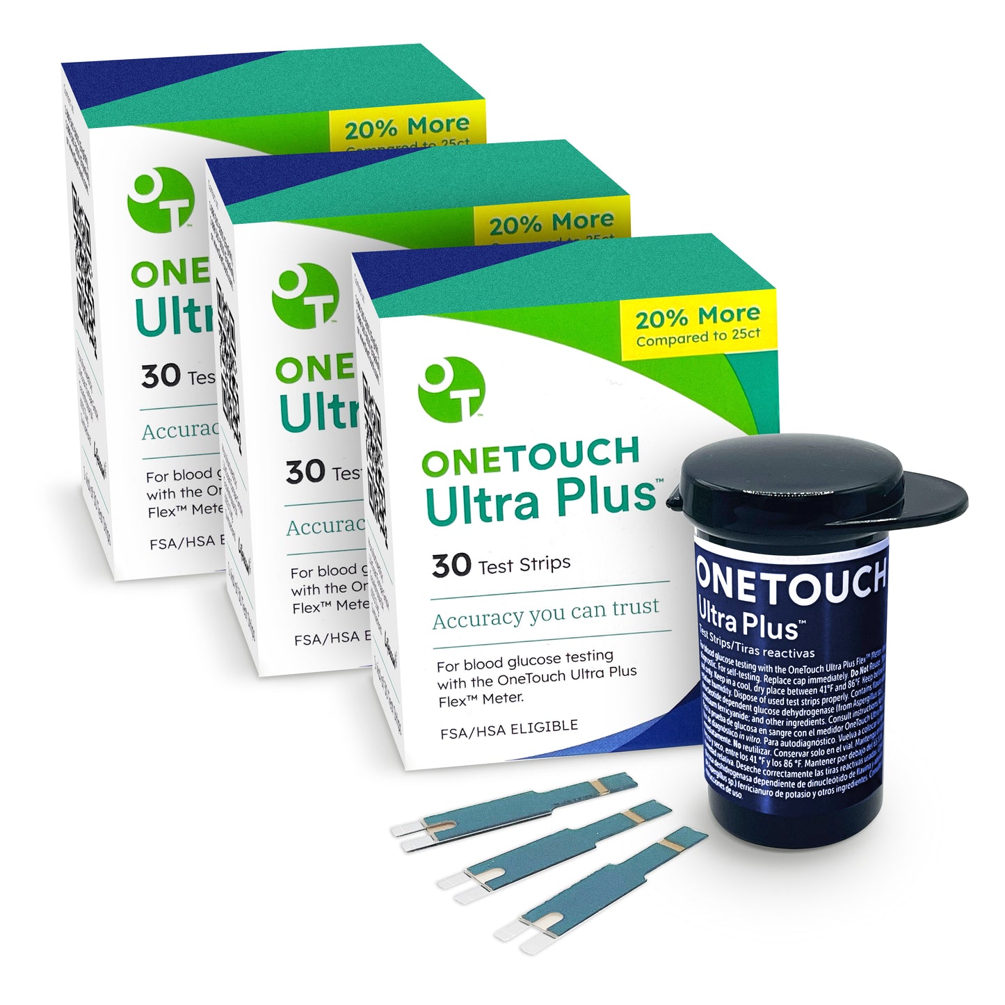 OneTouch Ultra Plus Flex Test Strips for Diabetes - Diabetic Test Strips for Blood Sugar Monitor | at Home Self Glucose Testing | 3 Packs, 30 Test Strips Per Pack