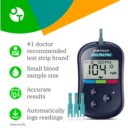 OneTouch Ultra Plus Flex Test Strips for Diabetes - Diabetic Test Strips for Blood Sugar Monitor | at Home Self Glucose Testing | 3 Packs, 30 Test Strips Per Pack