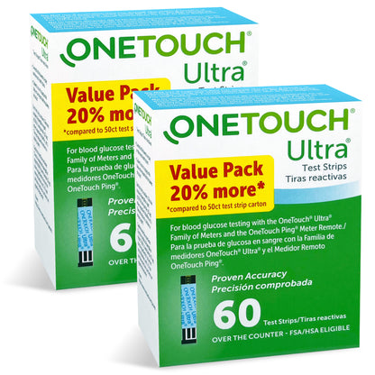 OneTouch Ultra Test Strips for Diabetes - 120 Count | Diabetic Test Strips for Blood Sugar Monitor | Glucose Test Strips for Blood Glucose Meter | 2 Boxes, 60 Test Strips Each