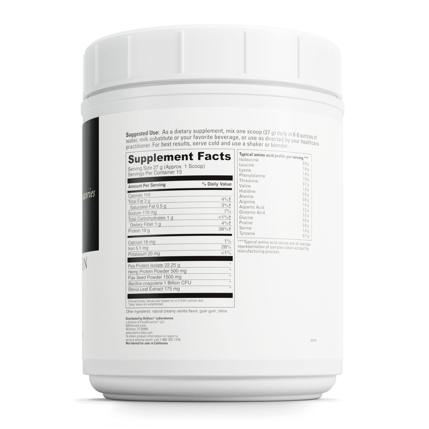 DaVinci Labs Vegan Protein - Protein Powder Supplement for Weight Support, Muscle and Tissue Repair* - With Pea, Flax Seed, and More - Creamy Vanilla Flavor - Soy and Gluten-Free - 447g, 15 Servings
