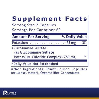 Premier Research Premier Glucosamine Sulfate, Targeted Joint, Ligament, and Connective Tissue Support, Shellfish-Free, 120 Capsules