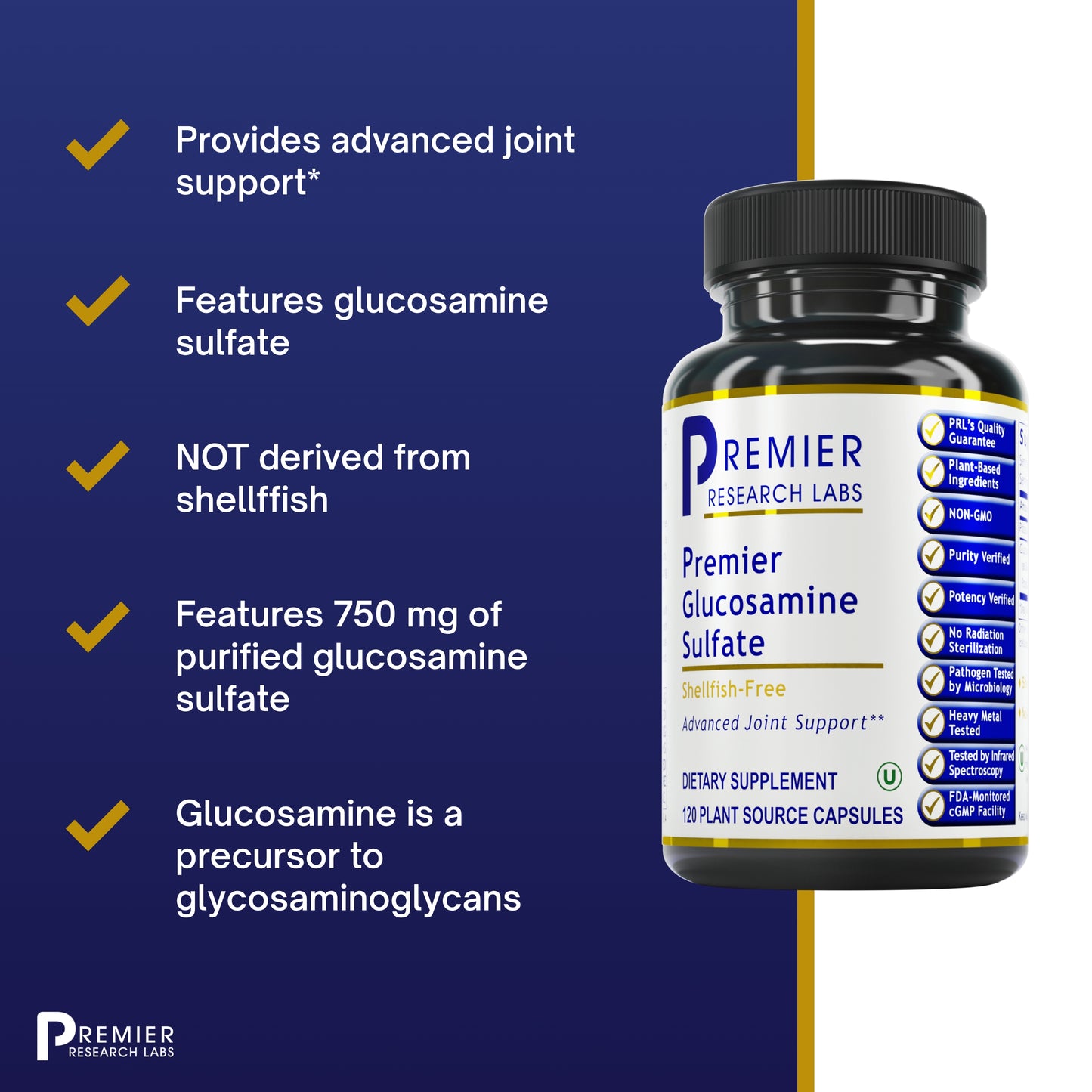 Premier Research Premier Glucosamine Sulfate, Targeted Joint, Ligament, and Connective Tissue Support, Shellfish-Free, 120 Capsules