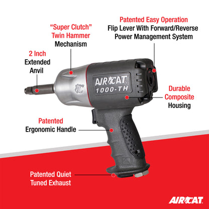 AIRCAT 1000-TH-2 1/2-Inch Composite Air Impact Wrench with Twin Hammer Mechanism and Extended 2-Inch Anvil