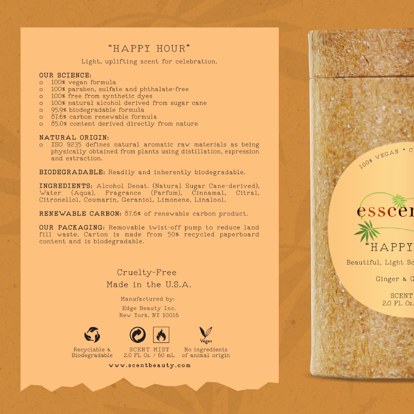 Esscentials Happy Hour Fragrance Mist, Notes of Ginger and Grapefruit, 2.0 Oz