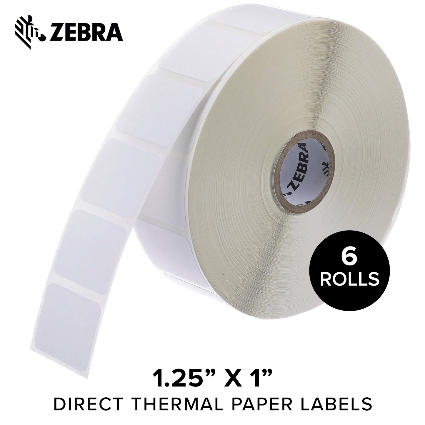 Zebra 10015784 Technologies Z-Perform 2000D Paper Label, Direct Thermal, Perforated, 1.25" Width x 1" Length, 1" Core, 5" Outer Diameter (Pack of 6)