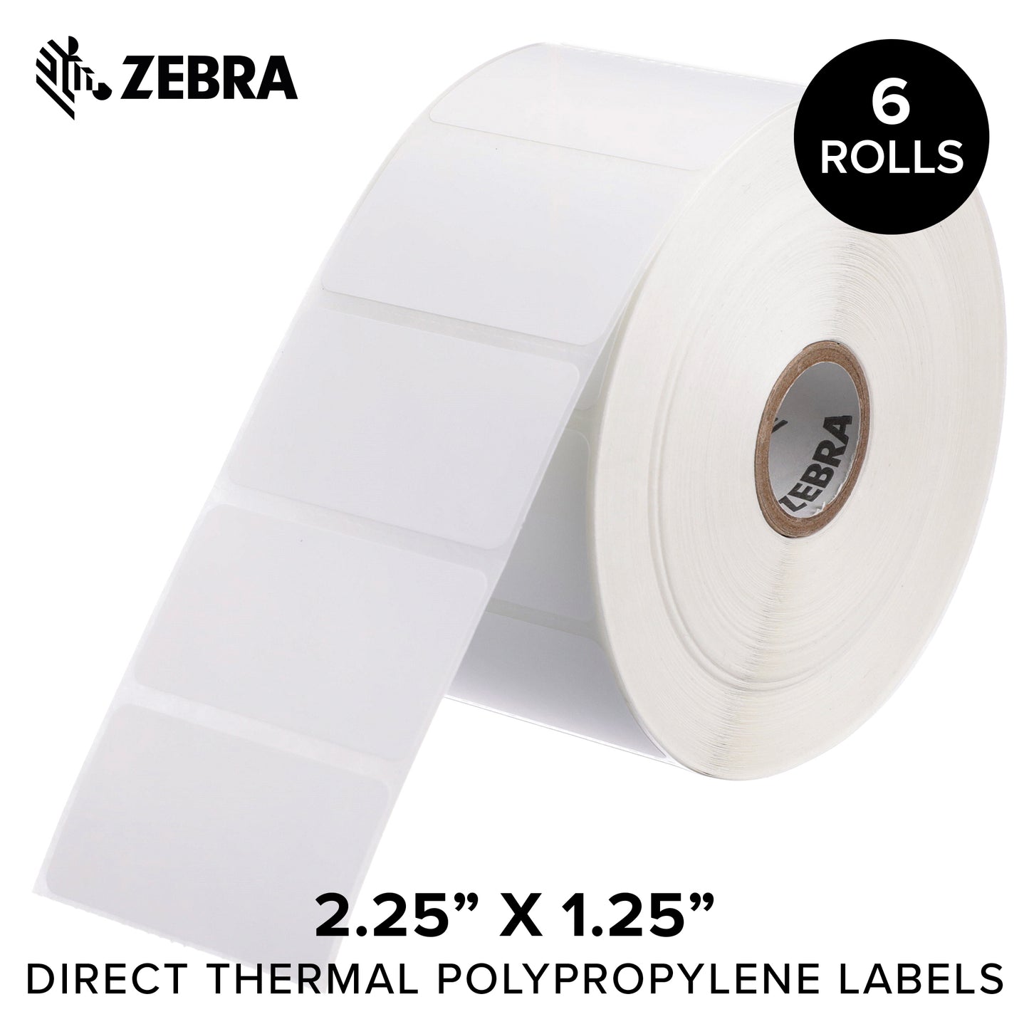 Zebra 2.25 x 1.25 in Direct Thermal Polypropylene Labels PolyPro 4000D Permanent Adhesive Shipping Labels 1 in Core 6 rolls 10031644SP