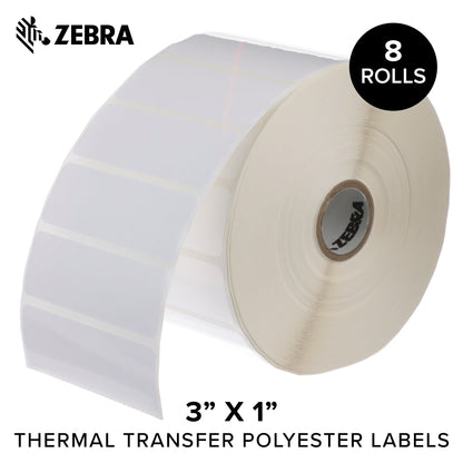 Zebra 3 x 1 in Thermal Transfer Polyester Labels Z-Ultimate 3000T Permanent Adhesive Shipping Labels 1 in Core 8 Rolls 10031646SP