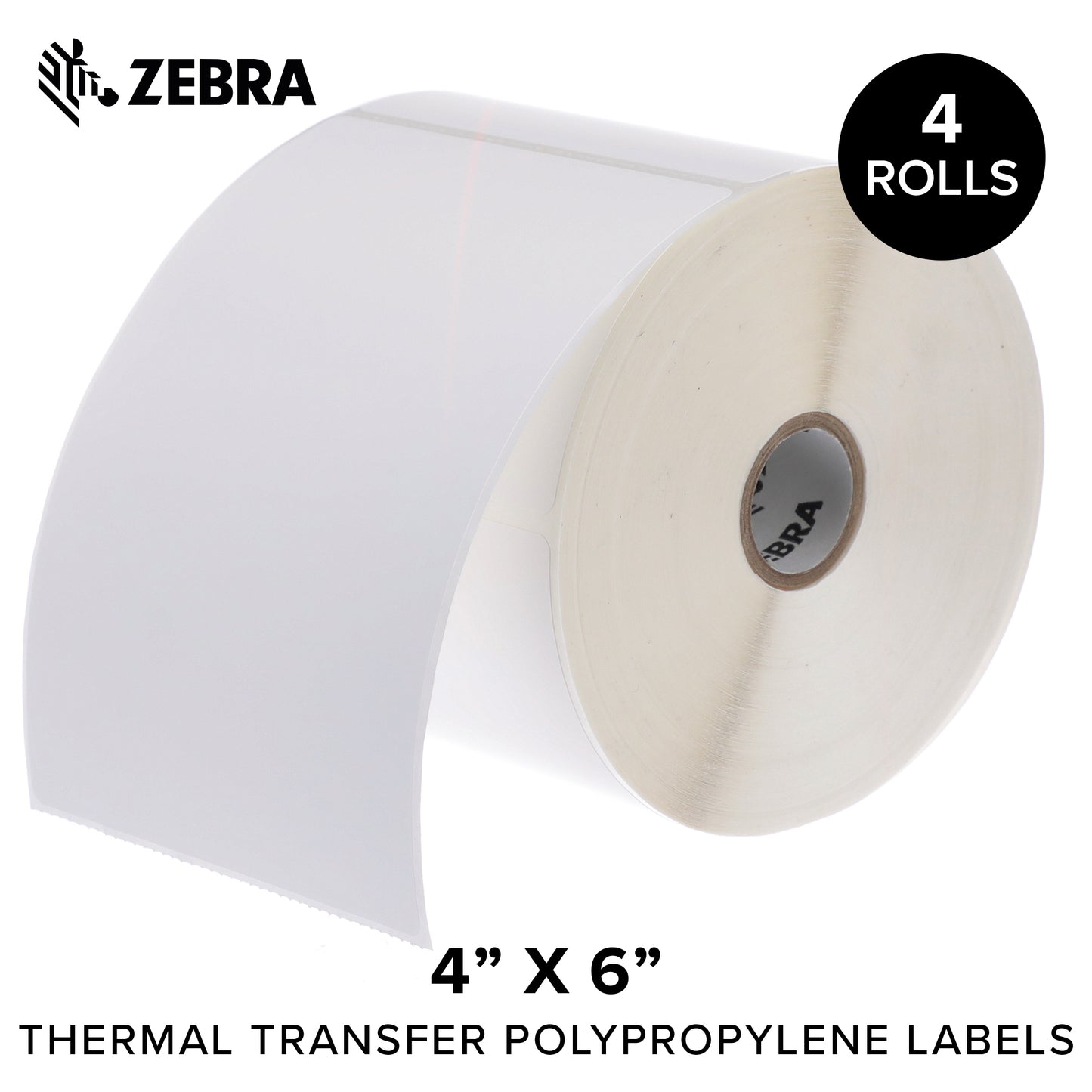 Zebra 4 x 6 in Thermal Transfer Polypropylene Labels PolyPro 3000T Permanent Adhesive Shipping Labels 1 in Core 4 rolls 10031650SP