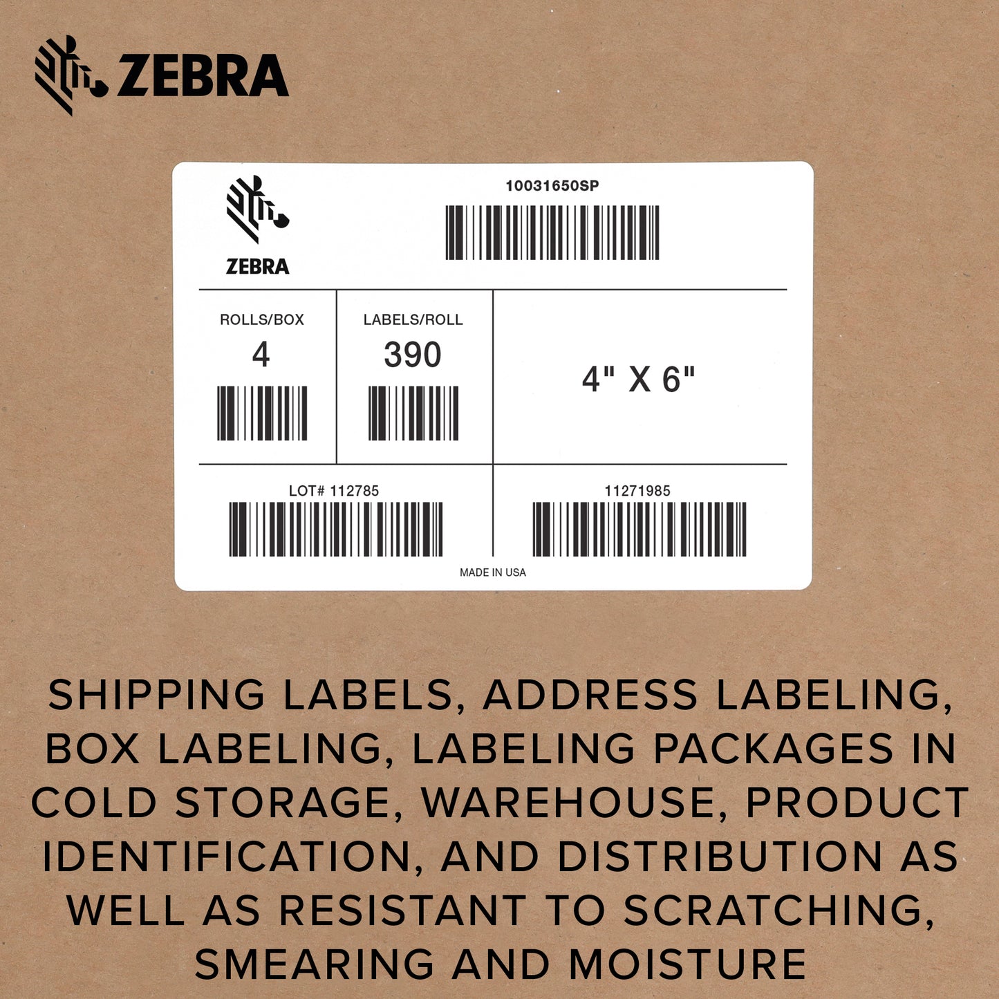 Zebra 4 x 6 in Thermal Transfer Polypropylene Labels PolyPro 3000T Permanent Adhesive Shipping Labels 1 in Core 4 rolls 10031650SP