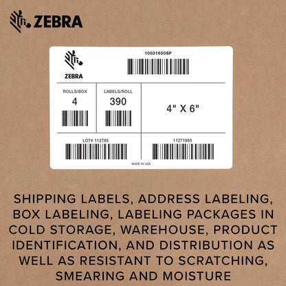 Zebra 4 x 6 in Thermal Transfer Polypropylene Labels PolyPro 3000T Permanent Adhesive Shipping Labels 1 in Core 4 rolls 10031650SP