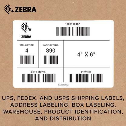 Zebra - 4 x 6 in Direct Thermal Paper labels, Z-Perform 2000D Permanent Adhesive Shipping labels, Zebra Industrial Printer Compatible, 3 in Core - 4 rolls - 10031655SP