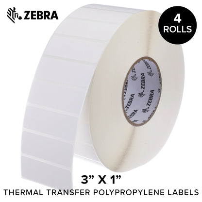 Zebra - 3 x 1 in Thermal Transfer Polypropylene labels, PolyPro 3000T Permanent Adhesive Shipping labels, Zebra Industrial Printer Compatible, 3 in Core - 4 rolls - 10031658SP