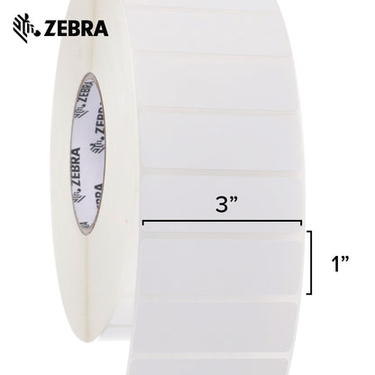 Zebra - 3 x 1 in Thermal Transfer Polypropylene labels, PolyPro 3000T Permanent Adhesive Shipping labels, Zebra Industrial Printer Compatible, 3 in Core - 4 rolls - 10031658SP