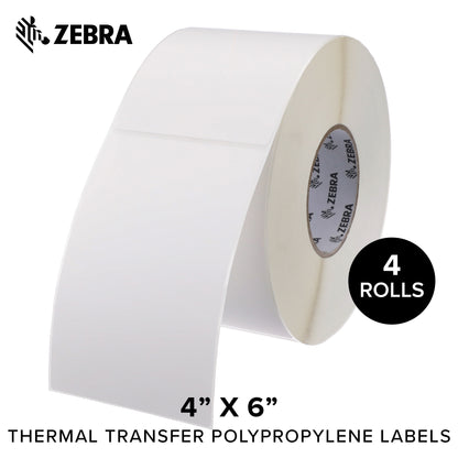 Zebra - 4 x 6 in Thermal Transfer Polypropylene labels, PolyPro 4000T Permanent Adhesive Shipping labels, Zebra Industrial Printer Compatible, 3 in Core - 4 rolls - 10031660SP