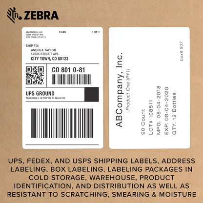 Zebra - 4 x 6 in Thermal Transfer Polypropylene labels, PolyPro 4000T Permanent Adhesive Shipping labels, Zebra Industrial Printer Compatible, 3 in Core - 4 rolls - 10031660SP