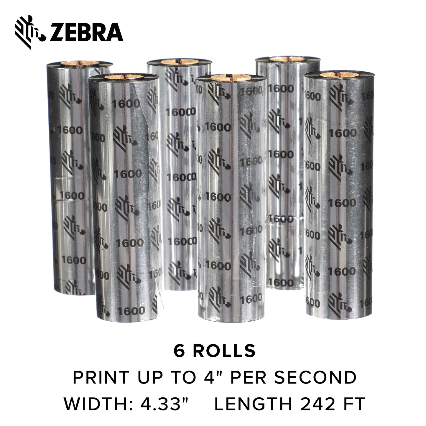 Zebra Standard Black Wax Ribbon for Thermal Transfer Desktop Printers Width 4.33 in Length 242 ft 0.5 in Core 6 Rolls 10031723SP