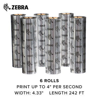 Zebra Standard Black Wax Ribbon for Thermal Transfer Desktop Printers Width 4.33 in Length 242 ft 0.5 in Core 6 Rolls 10031723SP