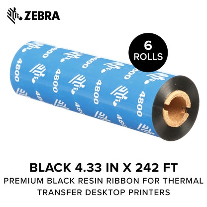 Zebra Premium Black Resin Ribbon for Thermal Transfer Desktop Printers 4.33 in Wide 242 ft Long 0.5 in Core 6 Rolls 10031728SP