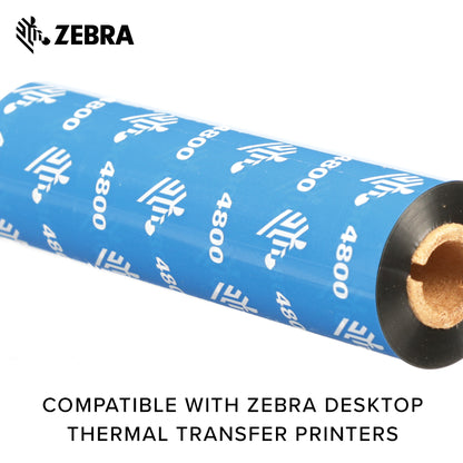 Zebra Premium Black Resin Ribbon for Thermal Transfer Desktop Printers 4.33 in Wide 242 ft Long 0.5 in Core 6 Rolls 10031728SP