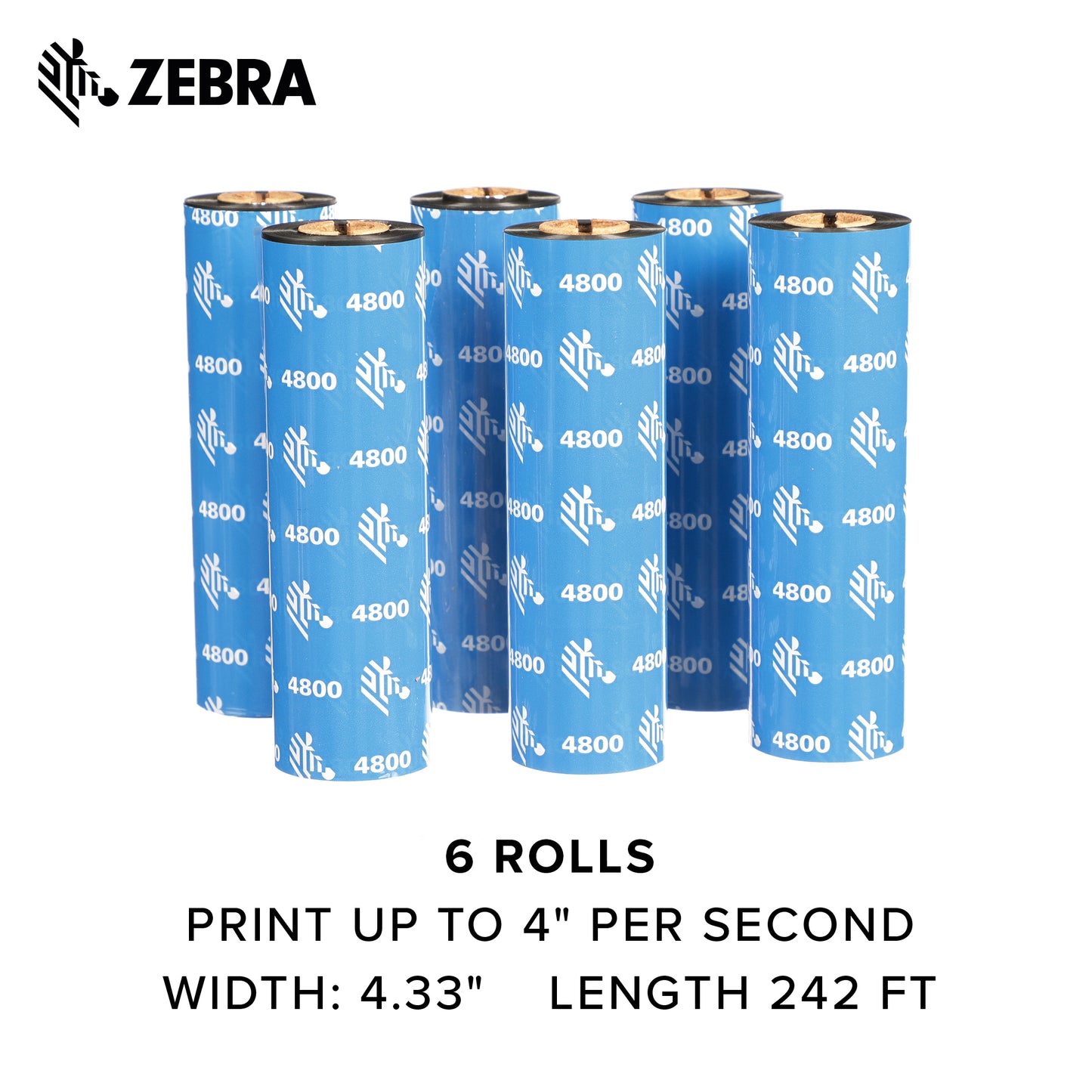 Zebra Premium Black Resin Ribbon for Thermal Transfer Desktop Printers 4.33 in Wide 242 ft Long 0.5 in Core 6 Rolls 10031728SP