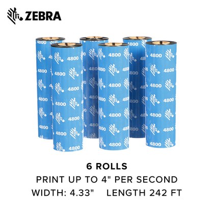 Zebra Premium Black Resin Ribbon for Thermal Transfer Desktop Printers 4.33 in Wide 242 ft Long 0.5 in Core 6 Rolls 10031728SP