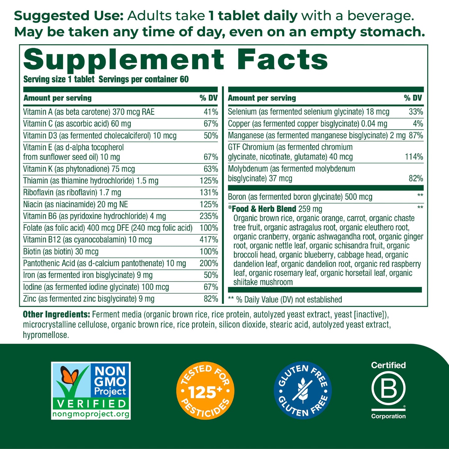 MegaFood Women's One Daily - Women's Multivitamin - With B Complex Vitamins, Iron, and Vitamin D - Gluten-Free and Made without Dairy or Soy - 60 Tabs